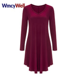 WmcyWell Womens Casual Loose T-Shirt Dress Long Sleeve Asymmetrical Hem Lines Knee Length Dress High Stretch Solid Ladies Dress