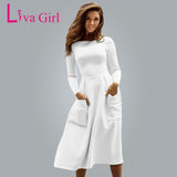 Liva Girl Winter Autumn Women Casual Long Dresses Skater Dress Female Long Sleeve White Sexy Midi Dress Office Pleated Dress