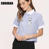 Embroidery Cat Women Blouses Long Sleeve Striped Blouse Shirt Women  Casual Patchwork Female Tops