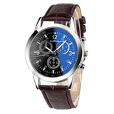 Fabulous hot sale men women watch Faux Leather Mens Blue Ray Glass Quartz Analog Watches wholesale