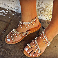 SOOTC WolfLanda Women sandals summer flat pearl sandals flip flops rome shoes string bead slippers mujer gladiator sandalias sapatos femininos