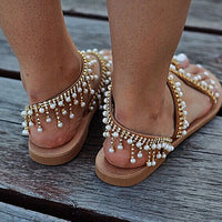 SOOTC WolfLanda Women sandals summer flat pearl sandals flip flops rome shoes string bead slippers mujer gladiator sandalias sapatos femininos
