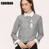 Embroidery Cat Women Blouses Long Sleeve Striped Blouse Shirt Women  Casual Patchwork Female Tops