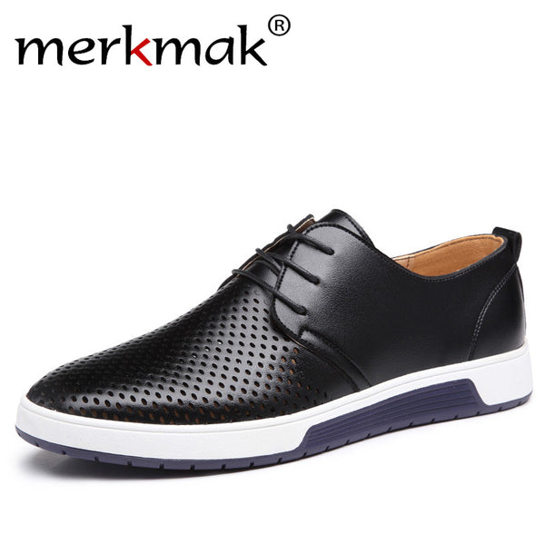 Merkmak  Men Casual Shoes Leather Summer Breathable Holes Luxury Brand Flat Shoes for Men Drop Shipping