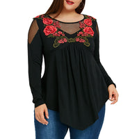 SOOTC CharMma  Spring Plus Size 5XL Embroidery Fishnet Insert Babydoll Top Women Fashion Black Oversized Appliques Female Tops